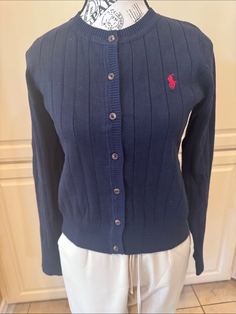 Ralph Lauren Navy Ribbed Button-Front Cardigan with Red Pony